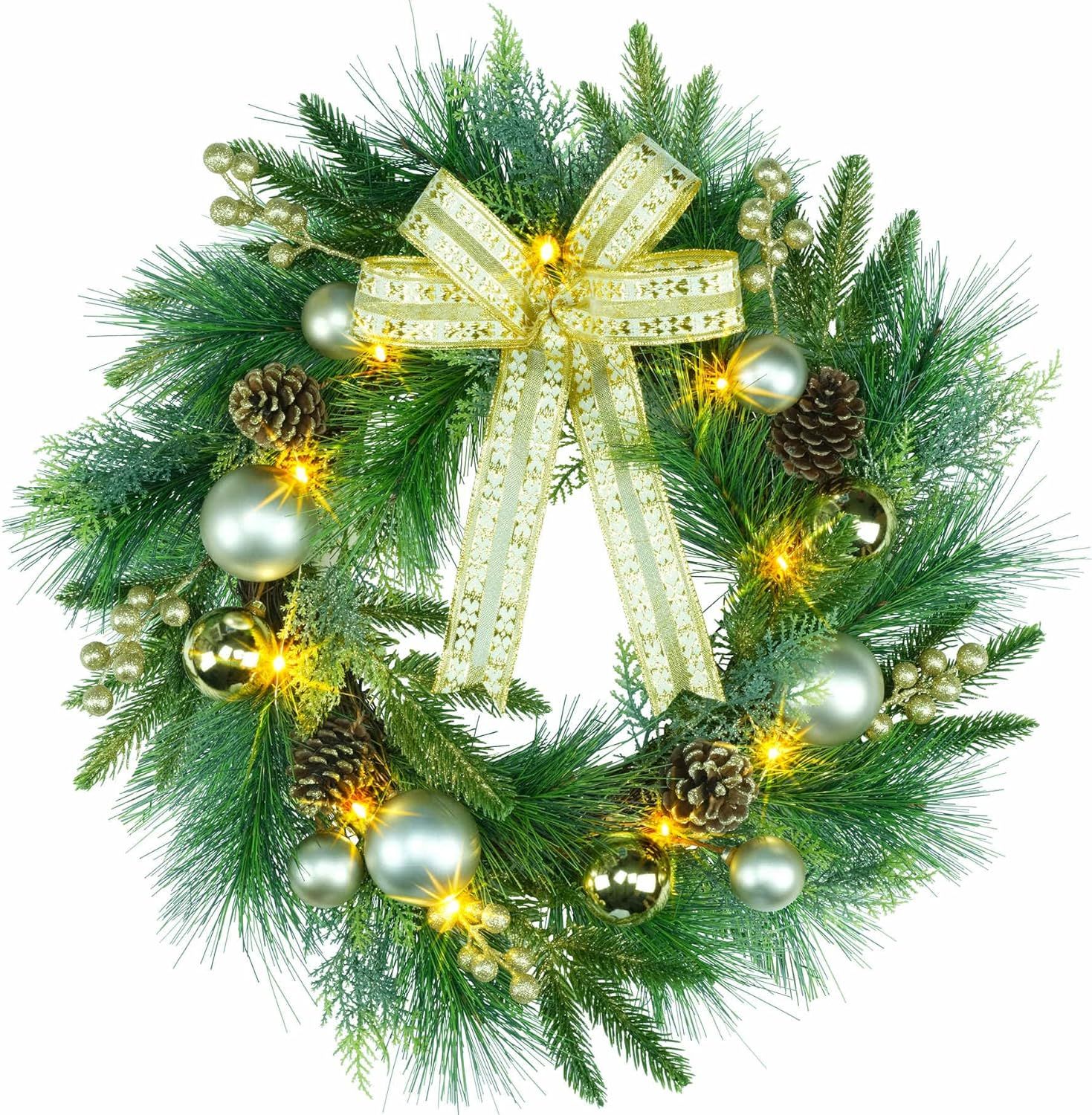YULETIME 20" Pre-Lit Christmas Wreath, Battery Operated with 10 Fairy Lights Holiday Wreath, Gold... | Amazon (US)