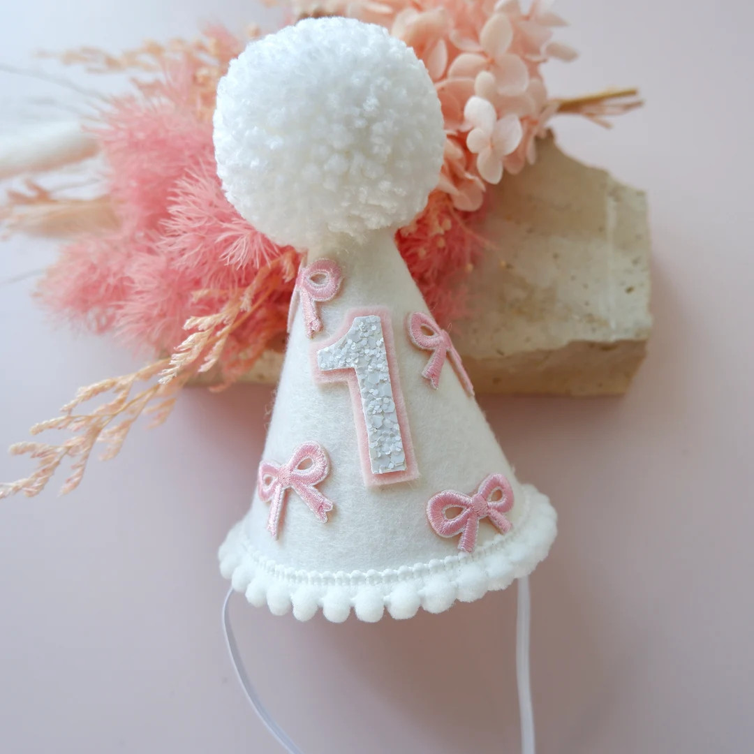 White Pink Bow Party Hat White Pink Bow Birthday Hat Birthday Party Hat Party Hat Cake Smash - Et... | Etsy (US)
