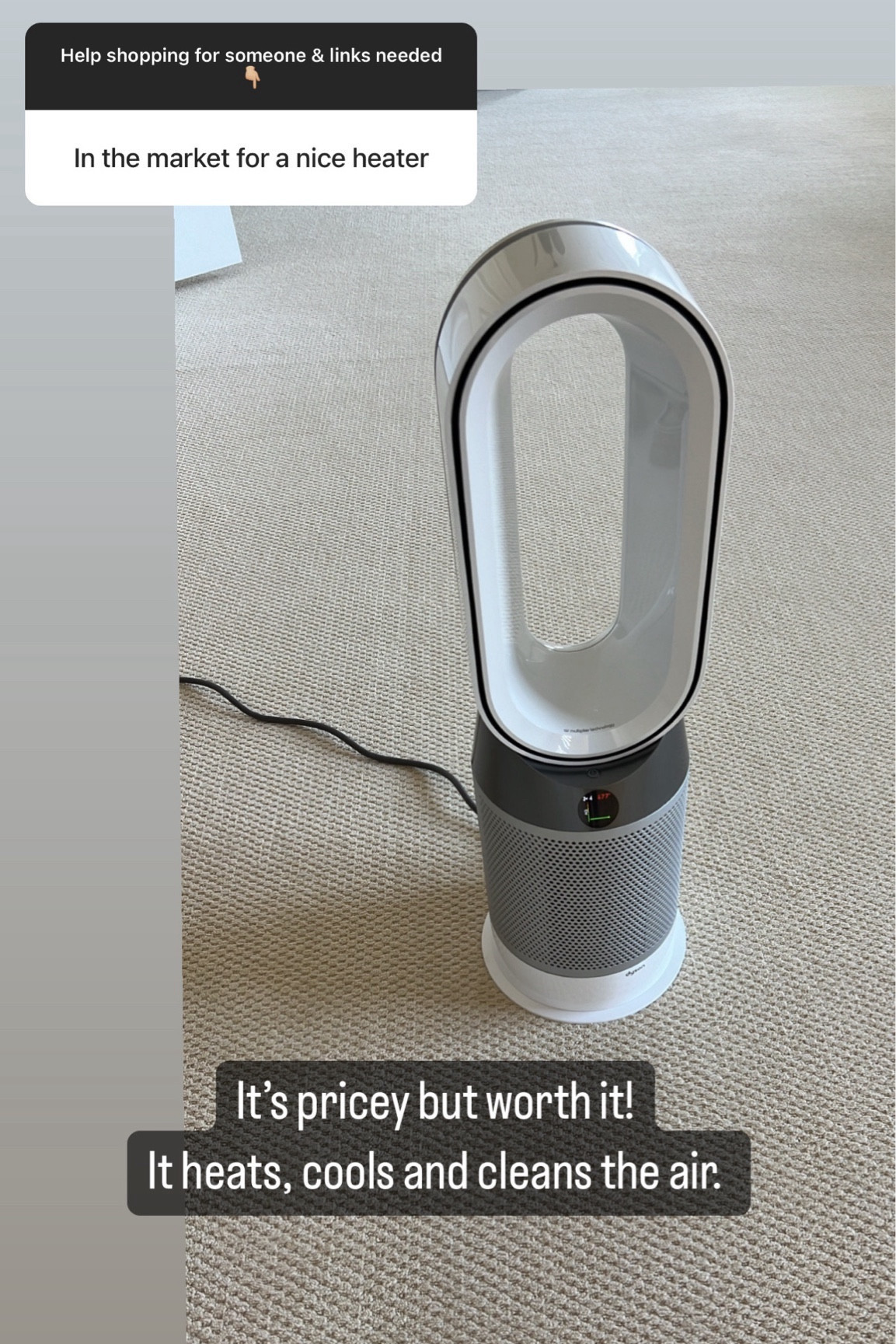 Heater, purifier and cools. It’s expensive but worth it. We’ve had it for 2 years and have zero complaints. It’s a great nursery item!  

#LTKGiftGuide