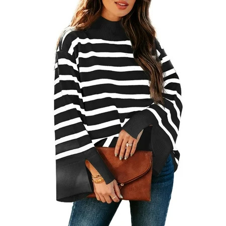 DOKOTOO Pullover Sweaters Women Long Wide Sleeve with Split Cuffs Jumper Tops Fashion Oversized Colorblock Striped Ribbed Hem Pullover Top Size Small US4-6 | Walmart (US)