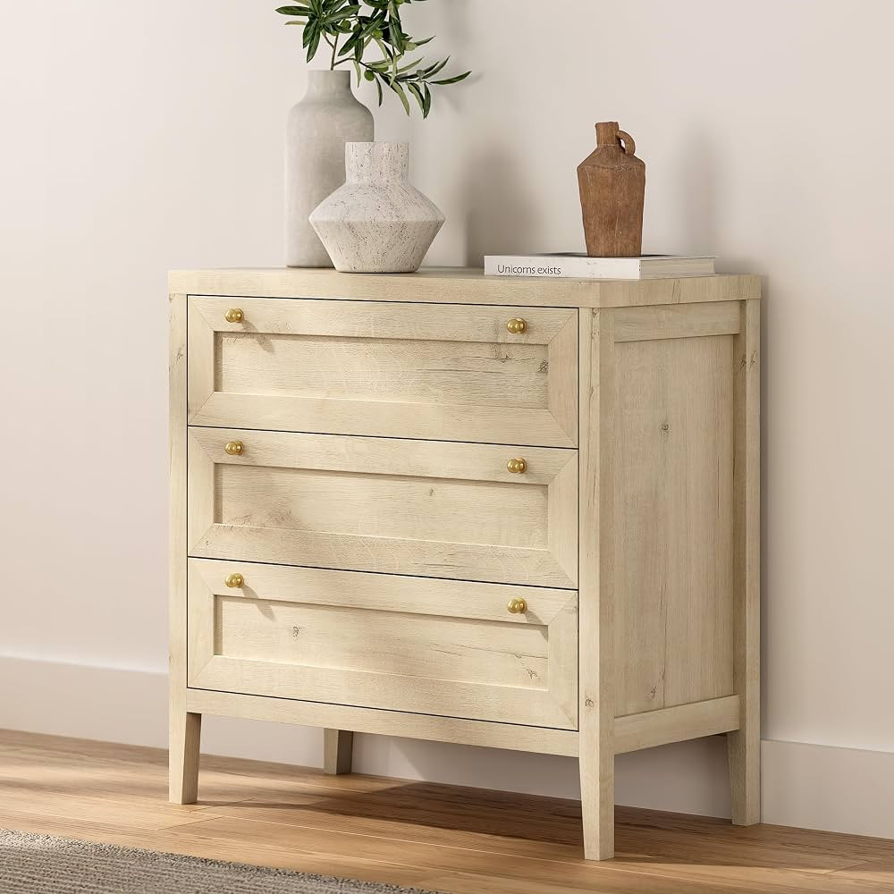 3 Drawer Dresser for Bedroom, Modern Chest of Drawers with Golden Handles, Wood Tall Nightstand, ... | Amazon (US)