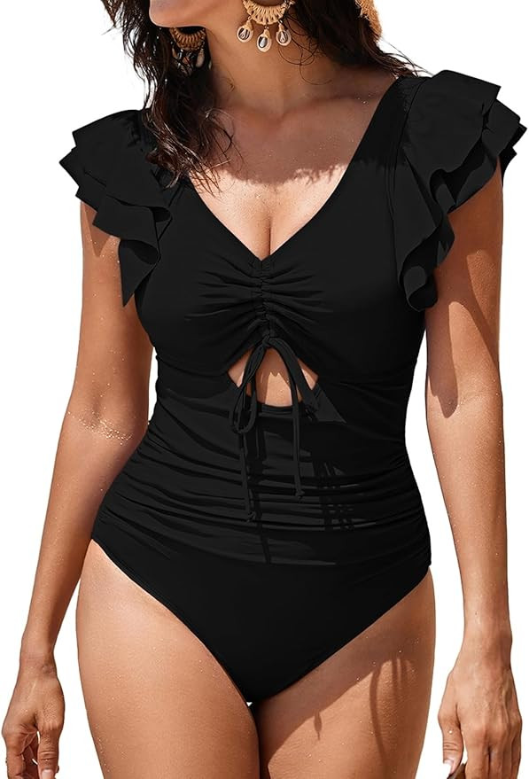 Sovoyontee Women's Ruffle One Piece Swimsuit Tummy Control Bathing Suits Drawstring Cutout V Neck... | Amazon (US)
