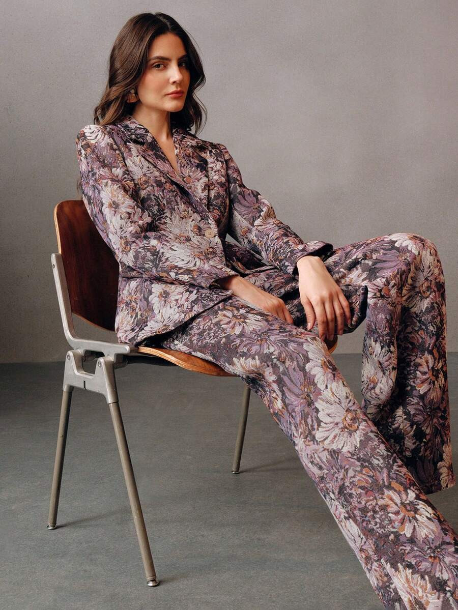 Anewsta Vintage Elegant Jacquard Waist-Cinched Jacquard Vacation Blazer For Women | SHEIN