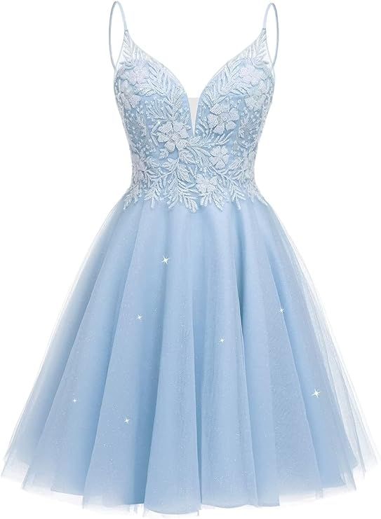 Lace Homecoming Dresses Sparkly 2022 Tulle V Neck Prom Dresses Short Party Dance Dress | Amazon (US)