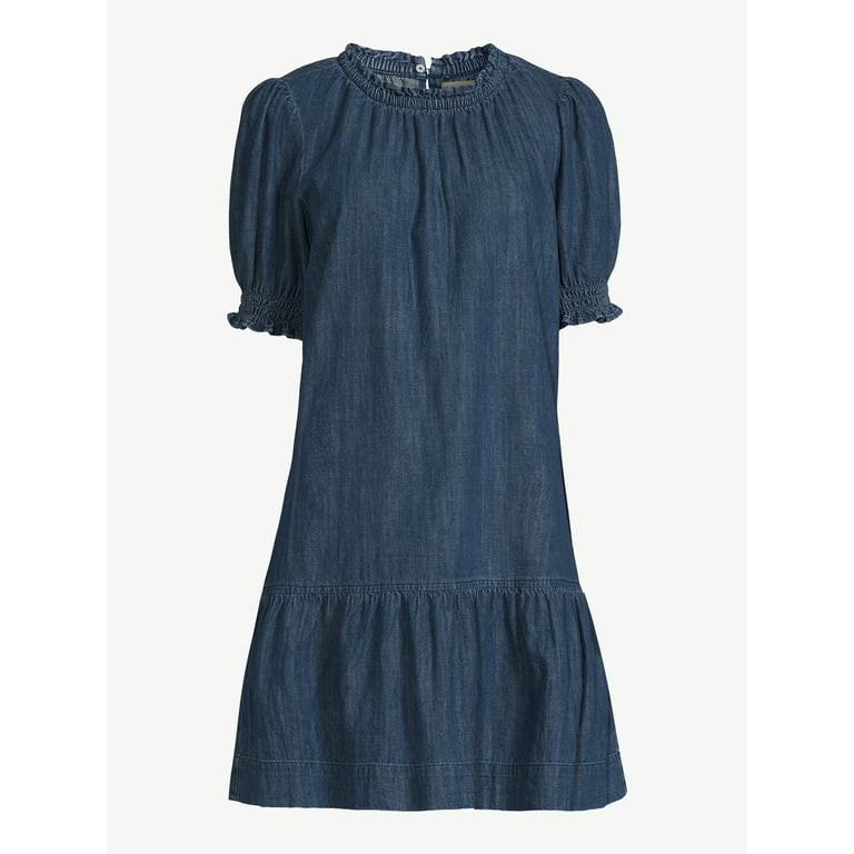 Free Assembly Women's Ruffle Neck Denim Mini Dress with Short Sleeves, Sizes XS-XXL - Walmart.com | Walmart (US)
