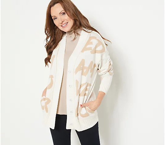 Peace Love World Snap-Front "Love" Jacquard Sweater - QVC.com | QVC