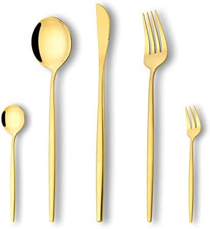 Gold Silverware Set 20-Piece, Stainless Steel Flatware Modern Service for 4, LaienLife Unique Cut... | Amazon (US)
