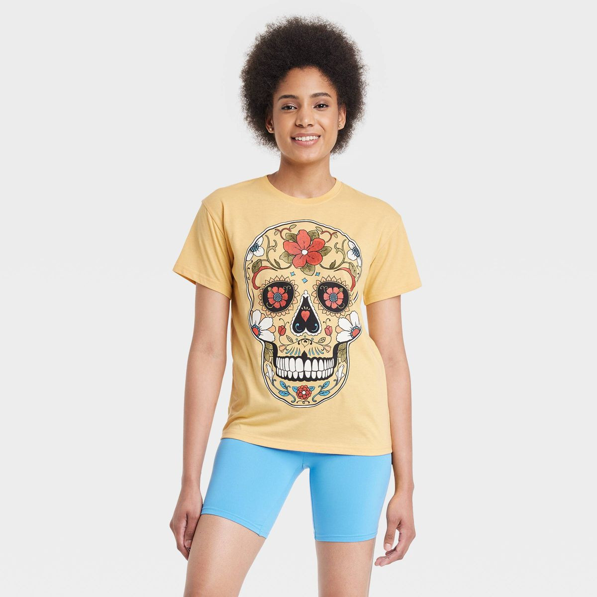 Women's Día de Muertos Sugar Skull Short Sleeve Graphic T-Shirt - Yellow | Target