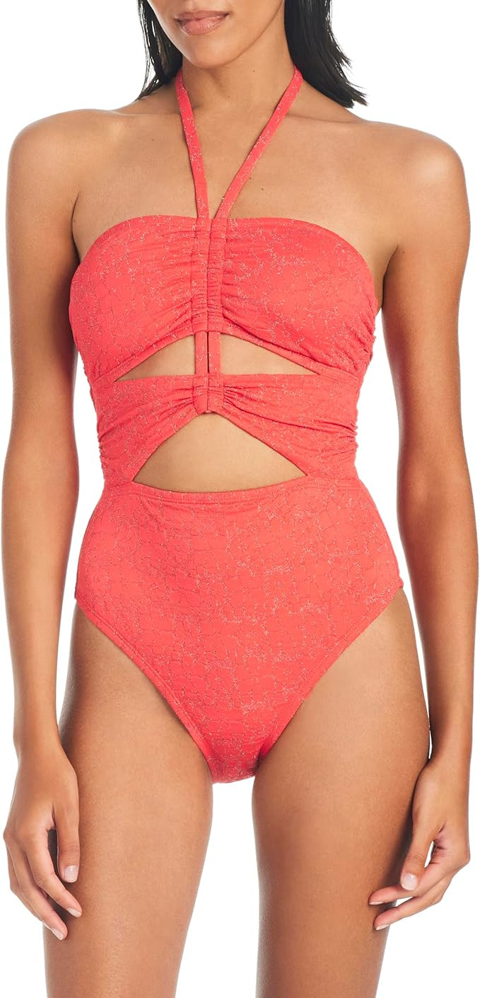 Jessica Simpson Women's Standard Ruched Front Halter One-Piece Swimsuit | Amazon (US)