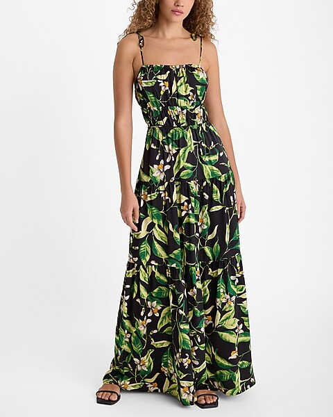Floral Square Neck Sleeveless Tie Shoulder Ruched Tiered Maxi Dress | Express