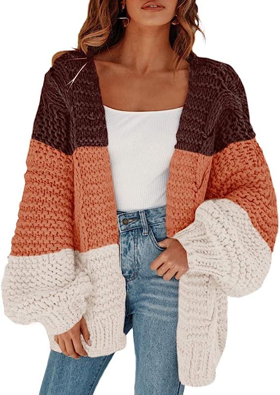 Cicy Bell Women's Open Front Chunky Knit Cardigan Loose Lantern Sleeve Oversized Sweater Coats | Amazon (US)
