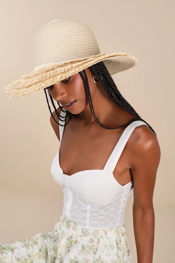 Sunny Composure Beige Tiered Fringed Straw Sun Hat | Lulus
