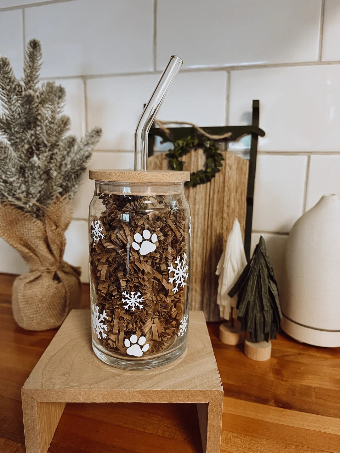 Snowflake and Paw Print Iced Coffee Glass with Bamboo Lid & Glass Straw 16 oz | Beer Can Glass, C... | Etsy (US)