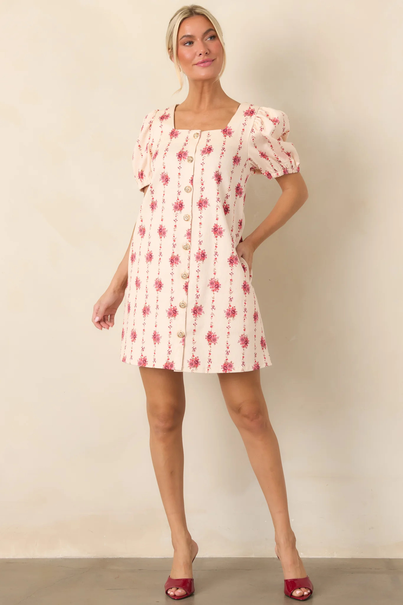 Garden Keepsake Ivory Floral Cotton Mini Dress | Red Dress