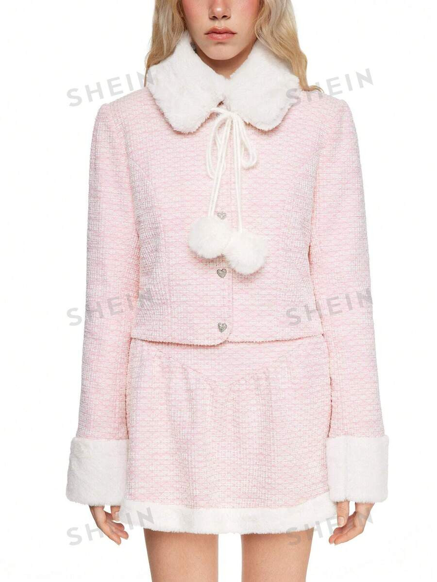 ROMWE Kawaii Women's Sweet Style Fuzzy Trim Button Front Jacket & Skirt Set | SHEIN