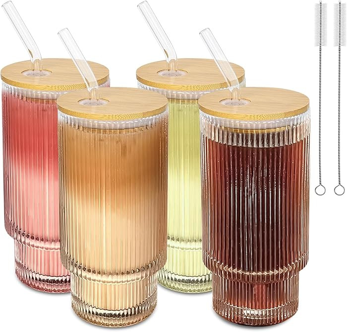 16Oz glasses drinking set of 4,Ribbed Glass Cups With Lids And Straws,Glass Tumbler With Lid for ... | Amazon (US)