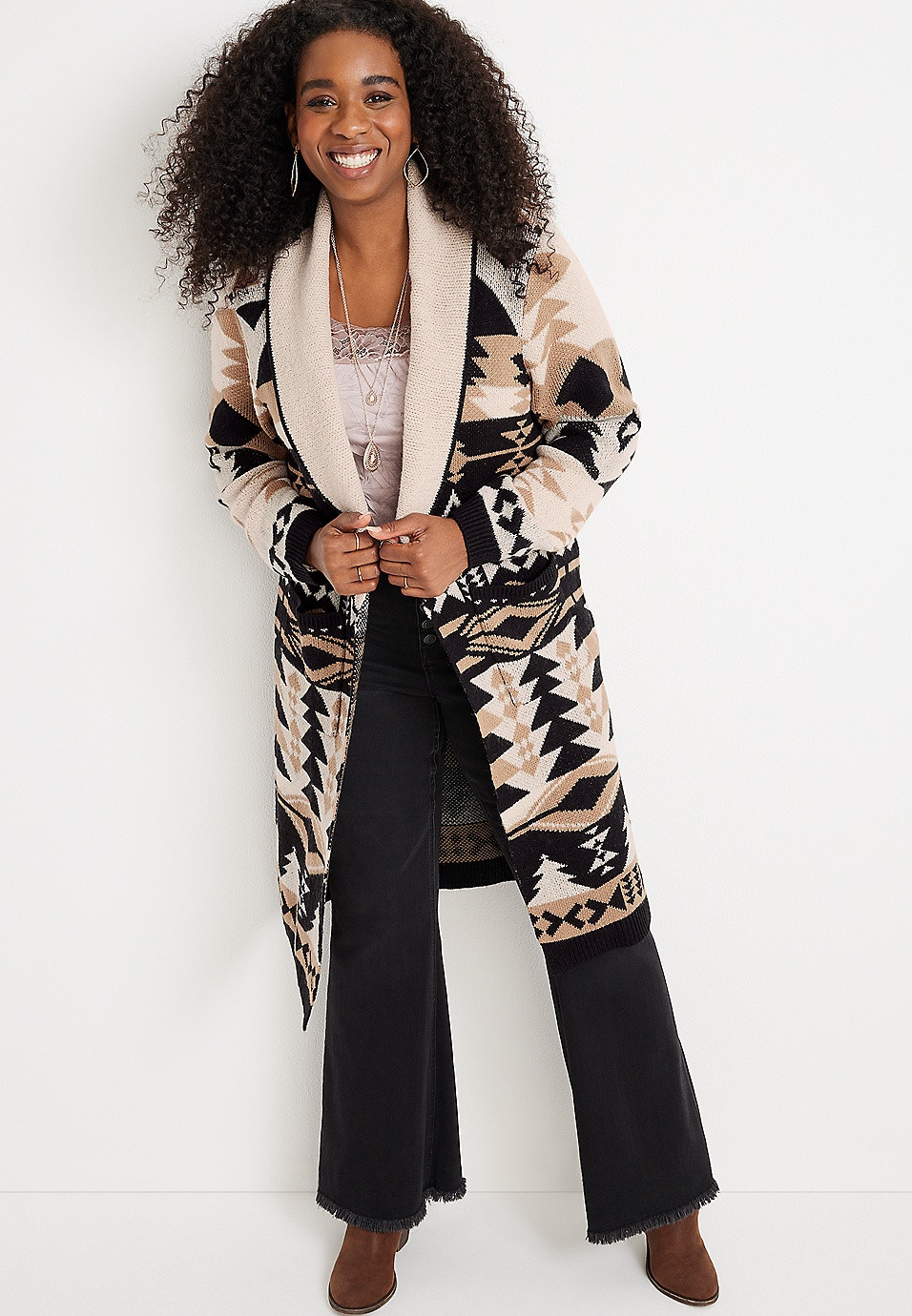 Plus Size Geo Print Duster Cardigan | Maurices