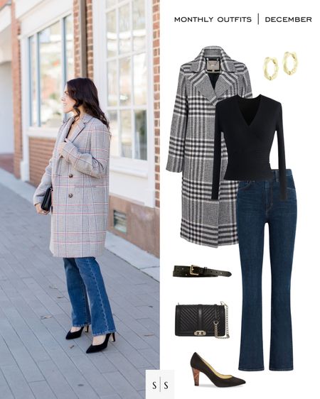 Monthly outfit planner : DECEMBER looks IRL vs graphic | #overcoat #sezane #wrapsweater #bootcutjeans #slingbacks #winteroutfit #dressycasualstyle | See entire calendar on thesarahstories.com ✨  