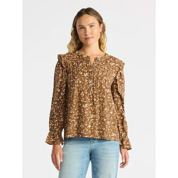 Time and Tru Women's Pintuck Ruffle Blouse with Long Sleeves, Sizes XS – XXXL | Walmart (US)