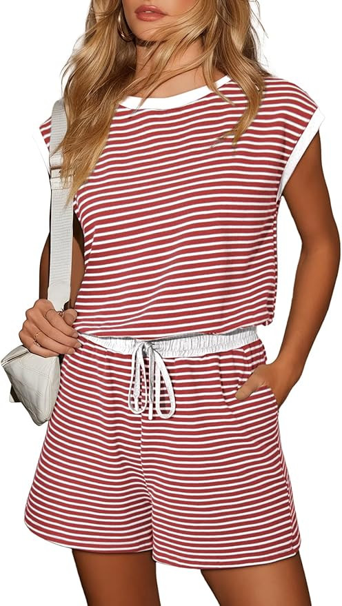 Dokotoo Women's Summer Casual Rompers Striped Shorts Overalls Adjustable Drawstring Waist Jumpsui... | Amazon (US)