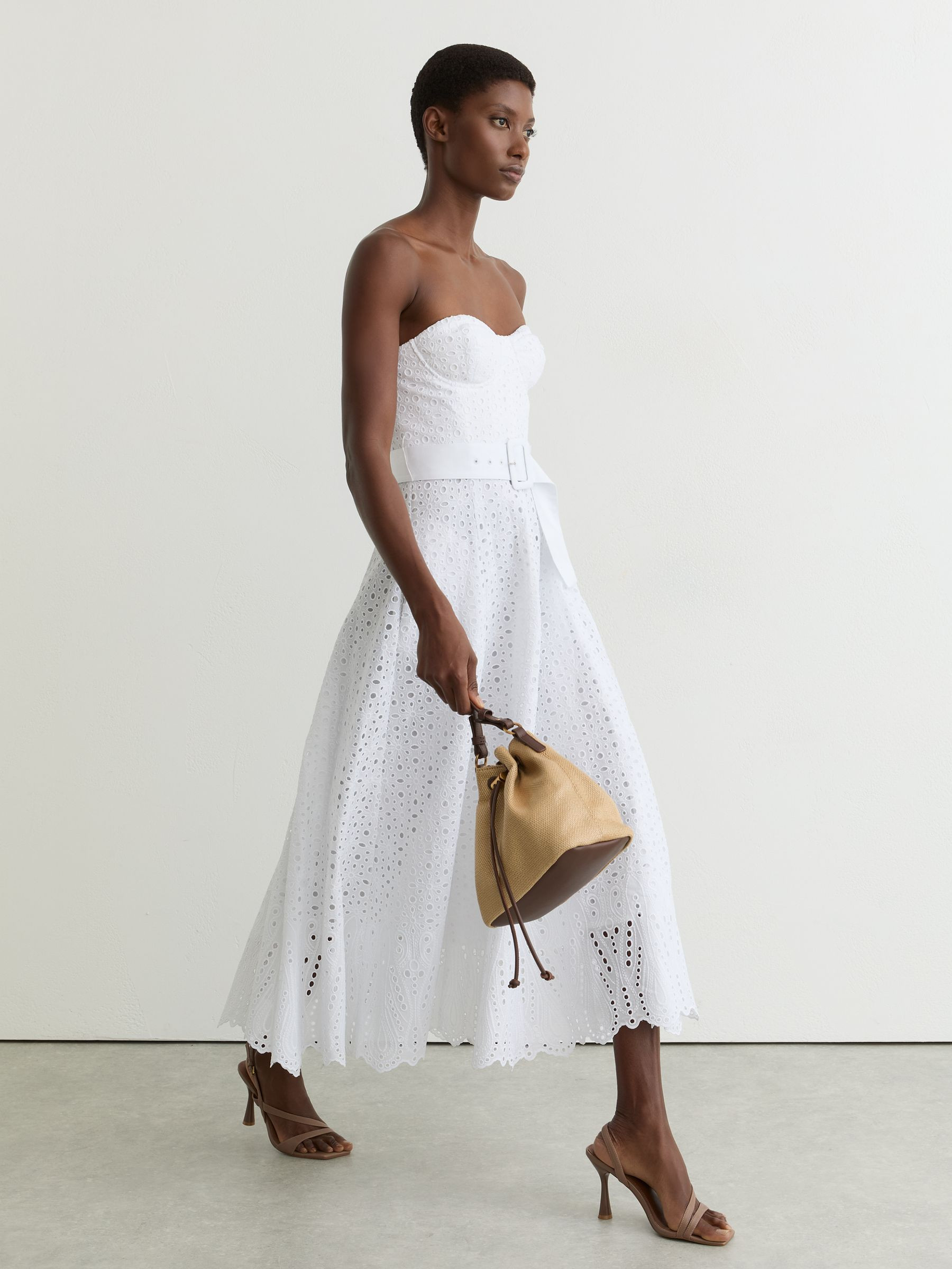 Lace Strapless Bustier Midi Dress in White | Reiss UK