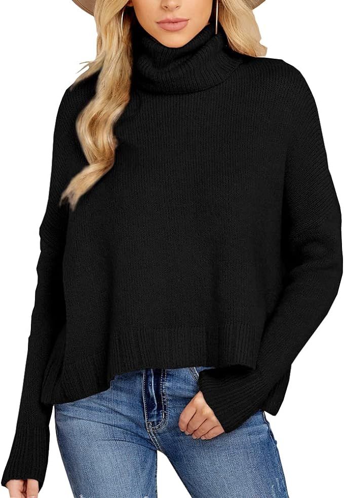 NIUBIA Womens Turtleneck Knit Sweater Long Sleeve Solid Color Tops Casual Loose Fit Pullover | Amazon (US)