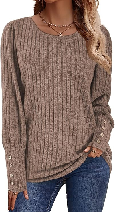 Lylinan Womens Ribbed Knit Long Sleeve Tops Casual Button Cuff Pullover Sweaters Blouses S-XXL | Amazon (US)