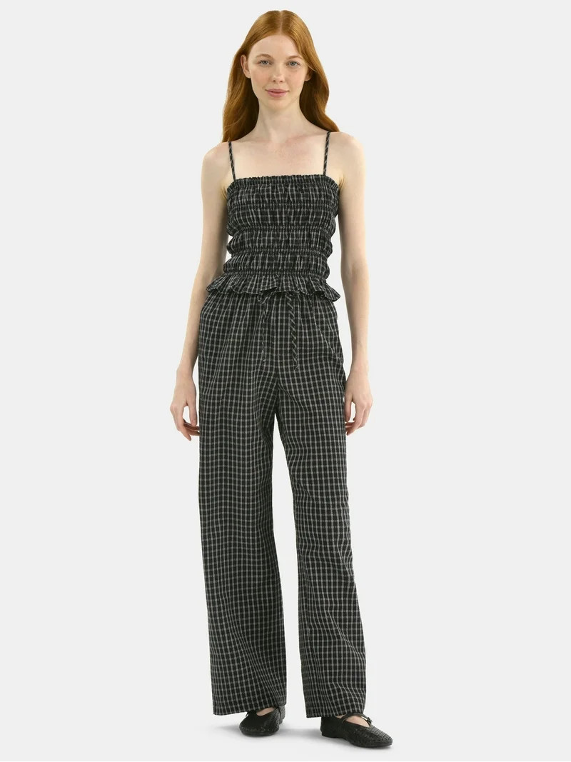 No Boundaries Plaid Seersucker Smocked Cami Top and Pants Set, 2-Piece, Women's | Walmart (US)