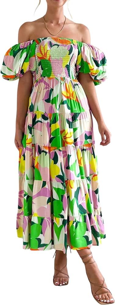 Women's Boho Flowy Dress One Shoulder Lantern Sleeves Smocked Midi Beach Dress Puff Sleeve A Line... | Amazon (US)