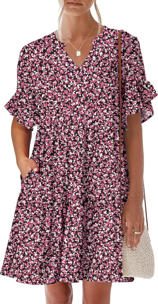 ANRABESS Women's Summer Casual Dress, V-Neck Ruffle Sleeve Tiered Mini Dress, Soft Comfy Fabric w... | Amazon (US)