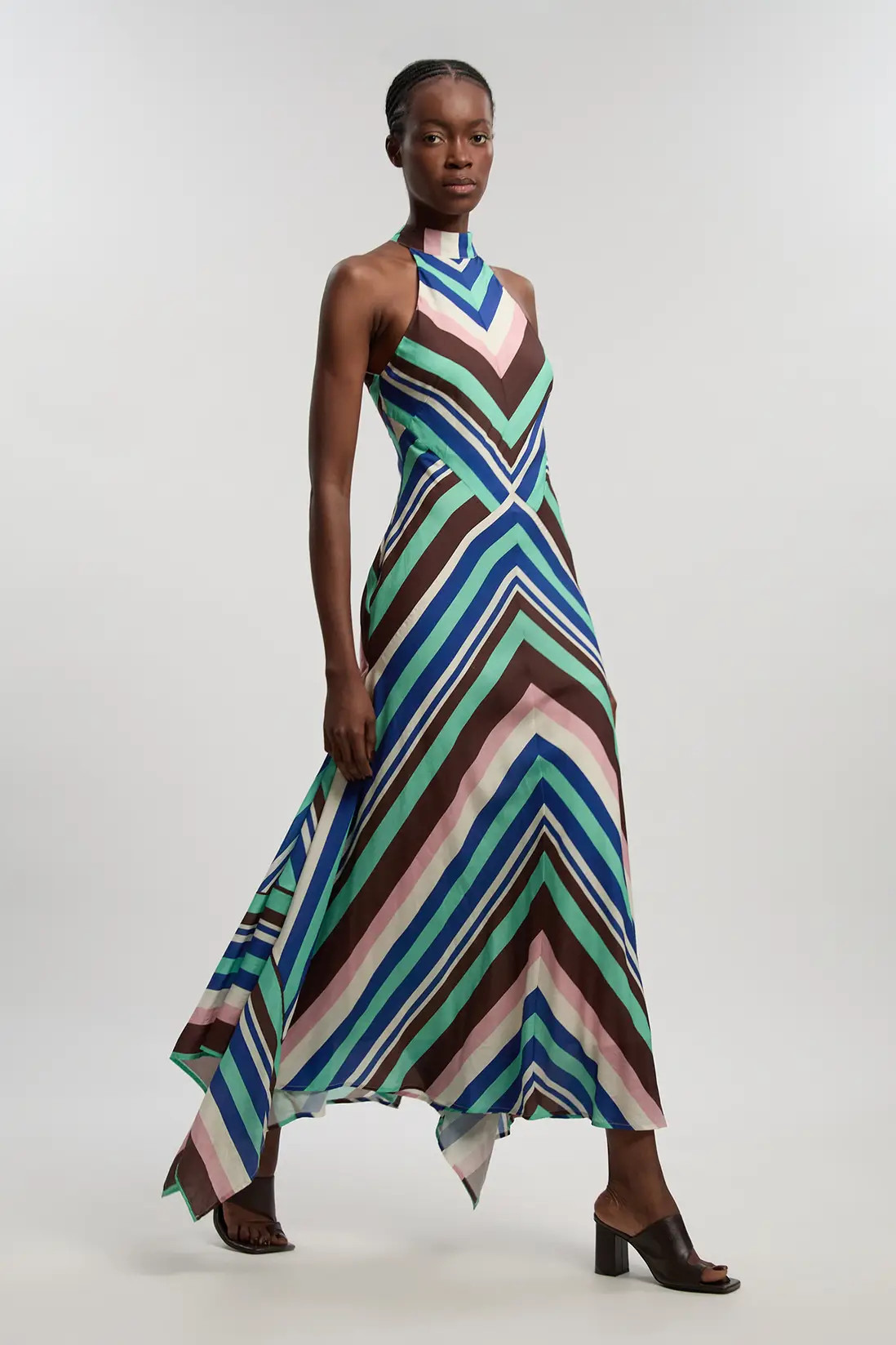 Petite Multi Fluid Stripe Cotton Mix Woven Halter Dress | Karen Millen