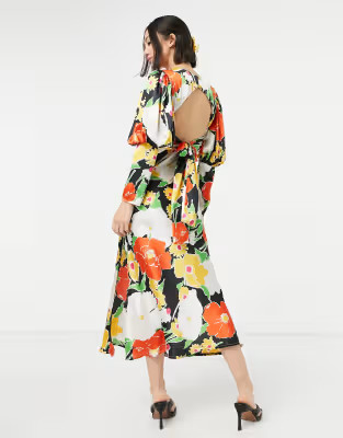 ASOS DESIGN satin puff sleeve bias midi dress in bold floral print | ASOS (Global)