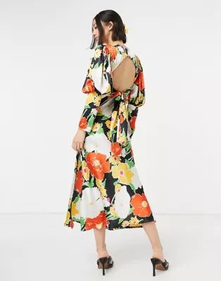 ASOS DESIGN satin puff sleeve bias midi dress in bold floral print | ASOS (Global)