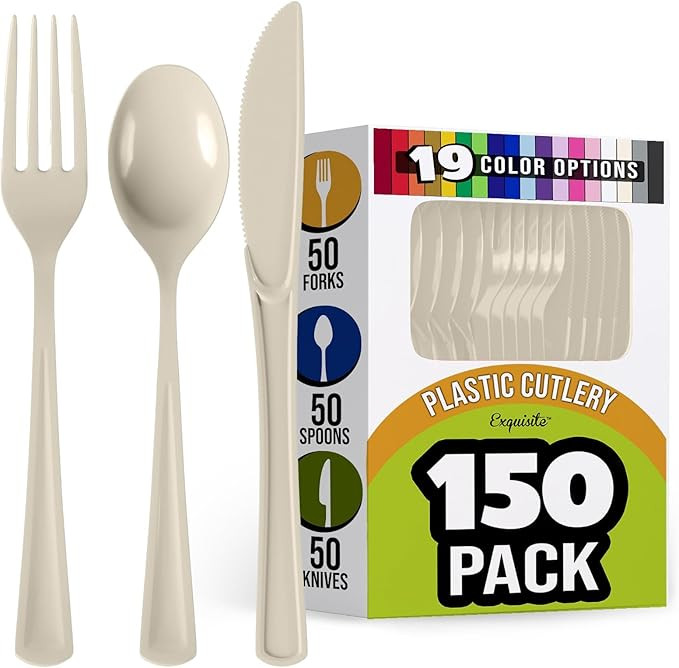 Ivory Plastic Silverware Heavy Duty 150 Pcs Ivory Plastic Cutlery Sets, Utensil Sets, 50 Of Each ... | Amazon (US)