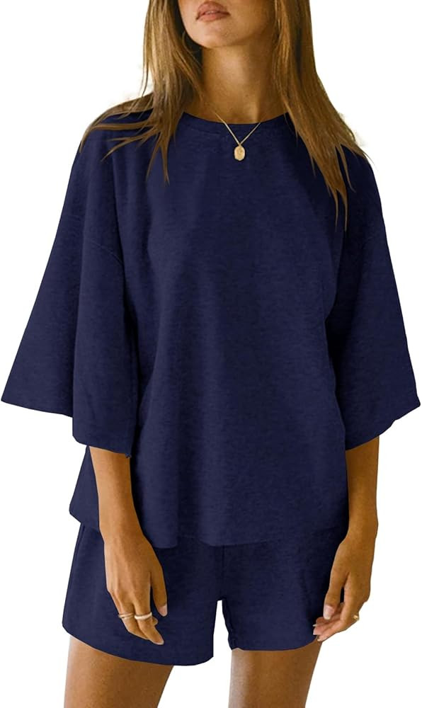 Tankaneo Womens 2 Piece Outfits 3/4 Sleeve Tops and Elastic Waist Shorts Lounge Sets Loungewear | Amazon (US)