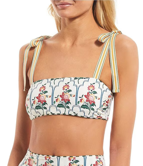 x The Nat Note Reversible Stripe to Floral Print Ribbon Tie Shoulder Swim Top | Dillard's