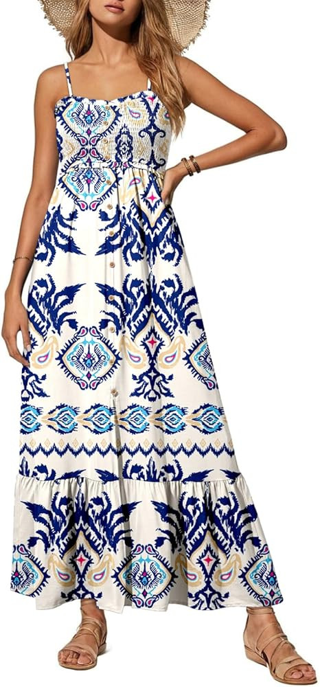 Dokotoo Womens Summer Dresses 2026 Sleeveless Spaghetti Strap Button Down Smocked Beach Vacation ... | Amazon (US)