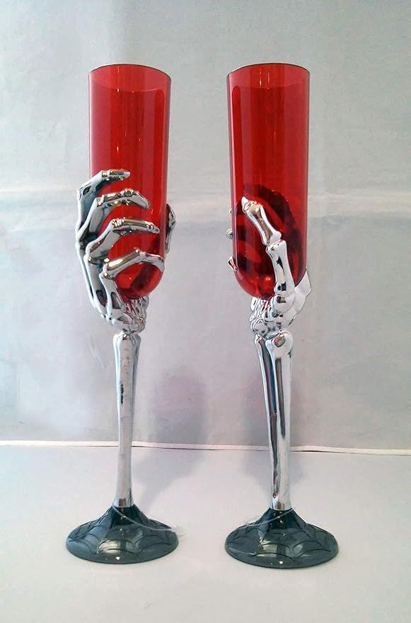 Halloween Plastic Skeleton Hand Champagne Flutes goblets - Set of Two (red) | Amazon (US)