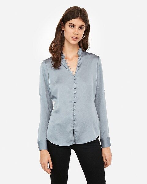 slim ruffle covered button portofino shirt | Express