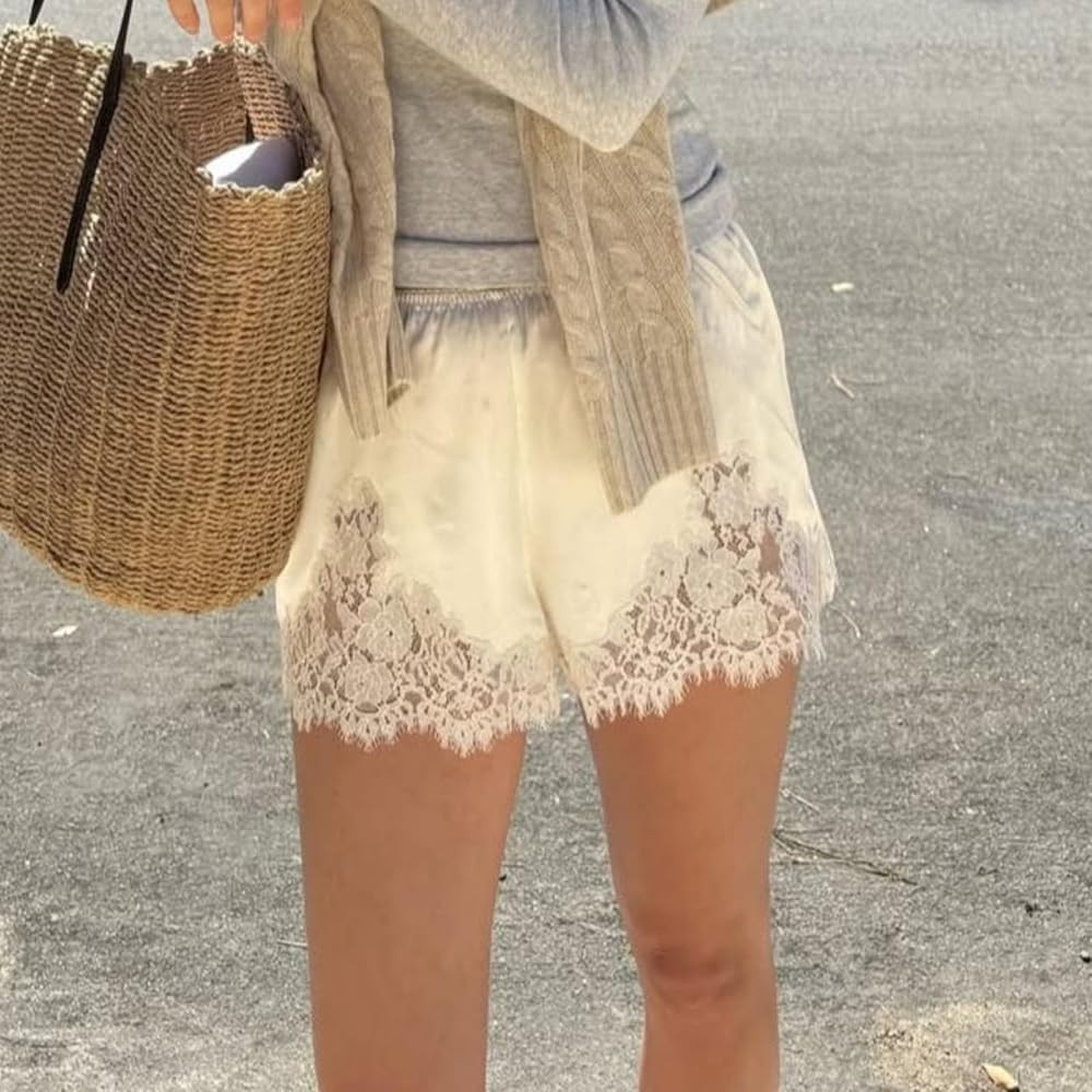 Satin Shorts for Women Low Rise Lace Trim Patchwork Silk Slip Micro Shorts Lounge Pettipants Paja... | Amazon (US)