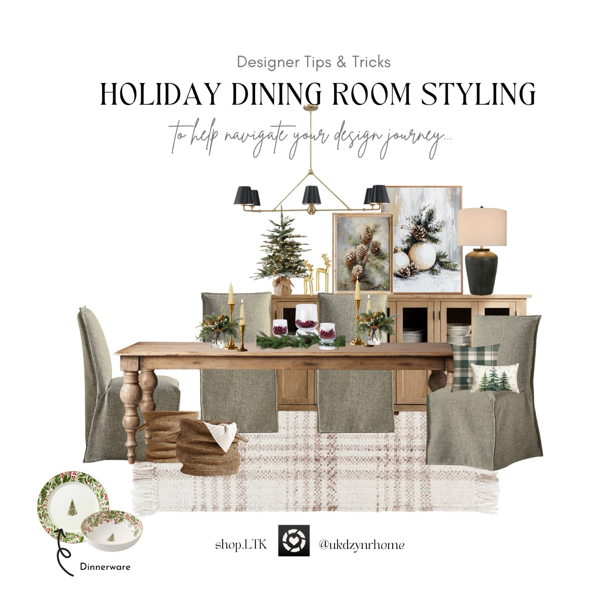Holiday Dining Room Styling | Holiday Decor | Holiday Table Top Decor  | Christmas Decorations | Christmas Sculptures | Dining Table | Covered Dining Chairs |Sideboard | Christmas Decorative Art | Table Lamps | Storage Baskets | Christmas Dinnerware | |Candles | Area Rugs || Christmas Holiday Decorative Pillows 

#LTKHoliday #LTKSeasonal #LTKHome