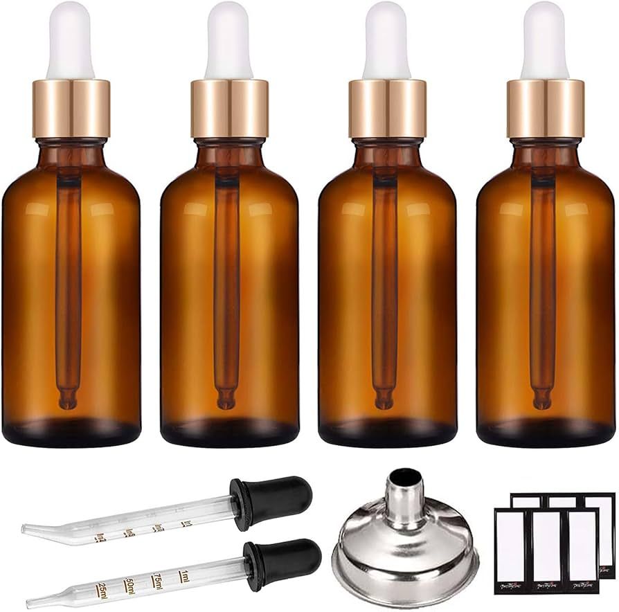 PrettyCare 4 Pack Eye Dropper Bottle 1 oz, Amber Glass Bottles 30ml with Golden Caps, 2 Extra Dro... | Amazon (US)