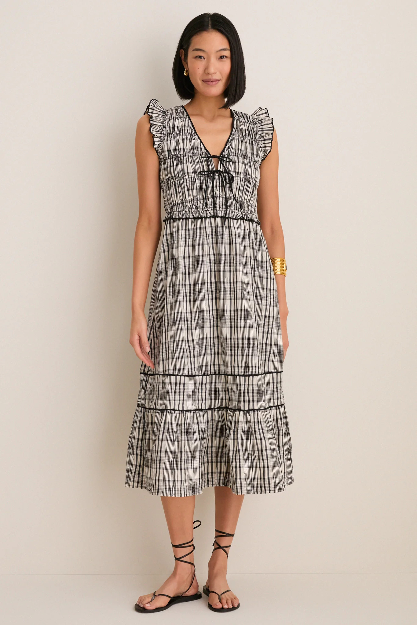 Black and Ivory Plaid Lacey Smocked Tie Front Midi Dress | Tuckernuck (US)