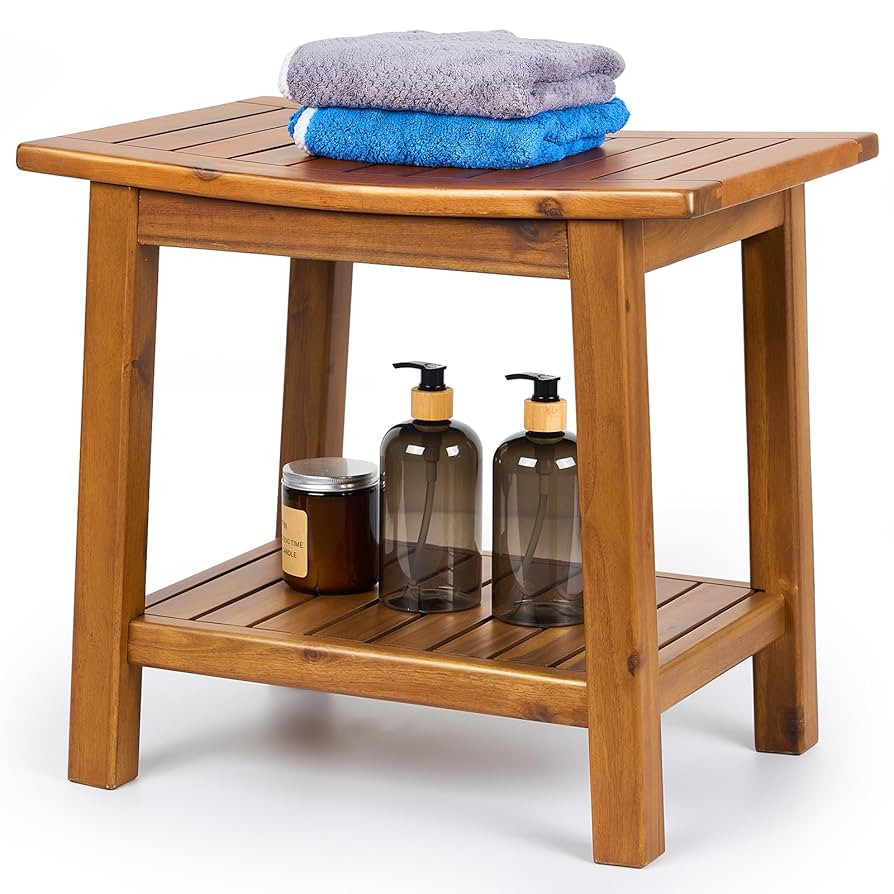 Teak Shower Bench, 20" Solid Wood Shower Stool Waterproof Shower Seat with Storage Shelf for Bath... | Amazon (US)