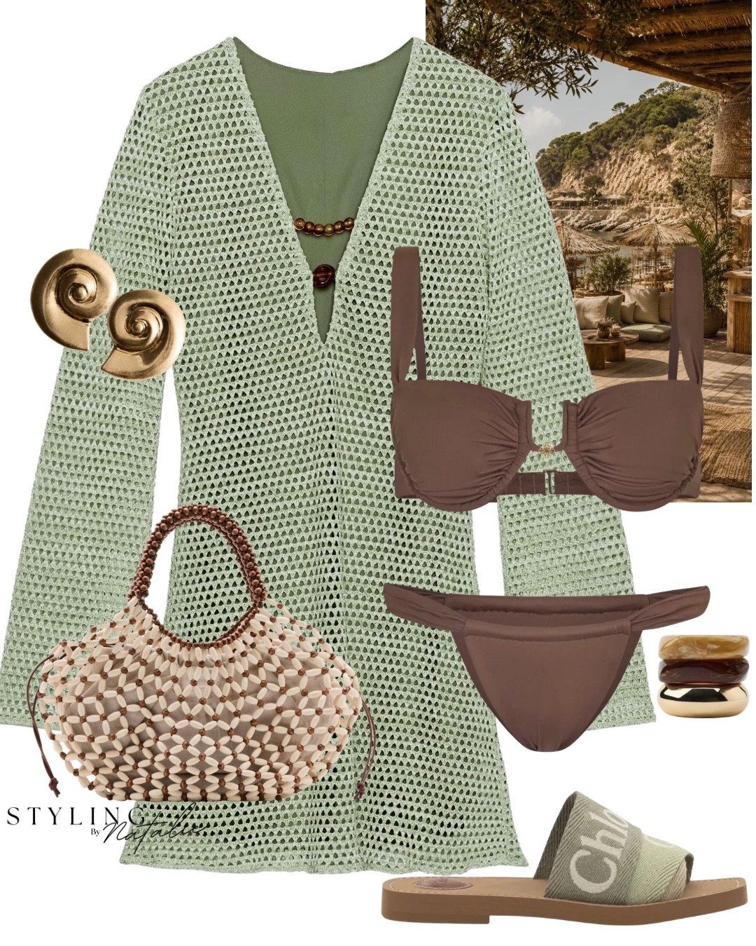 Beach outfit ☀️🏝️ 
Green crochet beach dress with brown bikini, beaded bag, Chloe sandals and seashell accessories. 

🏷️ Zara, The couture club, Mango, beach club vibes, Ibiza beach wear, beach club outfit, swimwear, two piece, chic, boho beach wear, holiday outfits, resort wear, summer styling, euro summer, holiday wardrobe, swimwear styling, cover ups, poolside glamour

#LTKsummer #LTKswimwear #LTKdresses