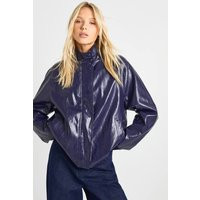 boohoo Women's Soft Funnel Neck Faux Leather Bomber Jacket in Navy | Size: 12 | Denim/Faux Leather | boohoo (US & Canada)