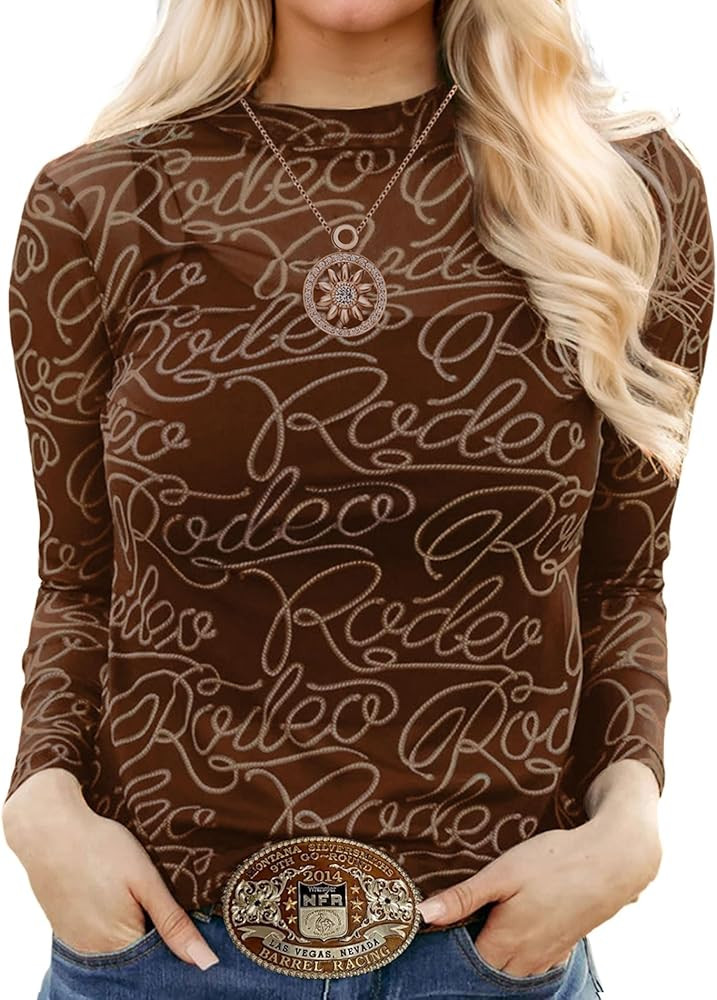 Urchics Womens Mock Neck Mesh Tops Western T Shirts Long Sleeve Layering Tops See Through Trendy ... | Amazon (US)