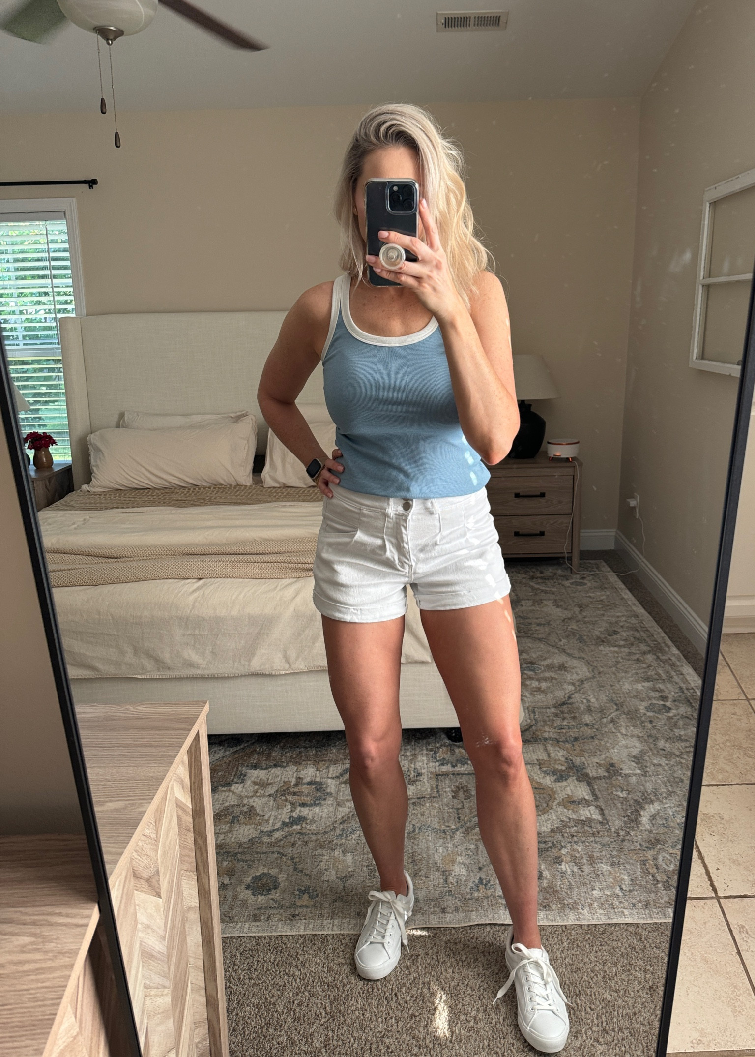 Light blue tank top with white outline, white shorts and white sneakers 

#whitesneakers #amazonoutfit 

#LTKFindsUnder50