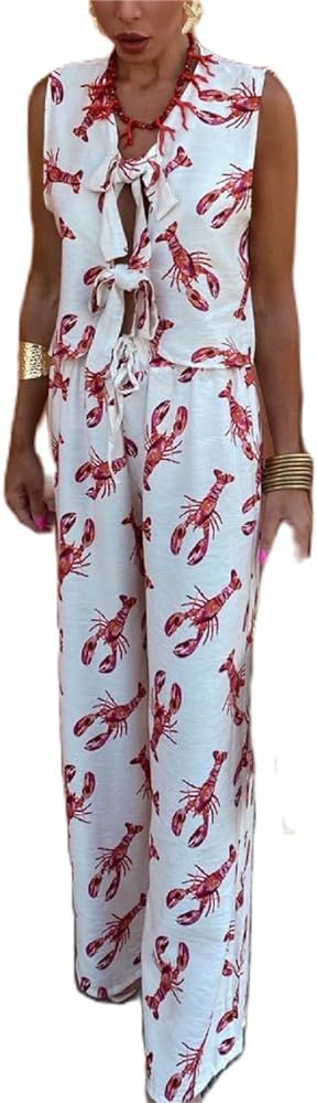 Women Y2k 2 Piece Tie Front Pajamas Set Sleeveless Lobster Print Lace Up Vest High Waist Pants Lo... | Amazon (US)