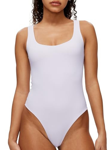 NANJI Sleeveless Tank Bodysuit for Women - Slim Fit Scoop Neck Thong Body Suit, Stretch Double Lined Tops Casual Going Out (Lavender Blue, L) | Amazon (US)